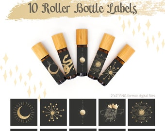 Celestial Gold Essential Oil Labels, Essential Oil Roller Labels, Printable Roller Bottle Label, Essential Oil Stickers, 10 ml Roller Labels