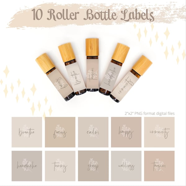 Neutral Beige Essential Oil Labels, Essential Oil Roller Labels, Printable Roller Bottle Labels, Essential Oil Stickers, 10 ml Roller Labels