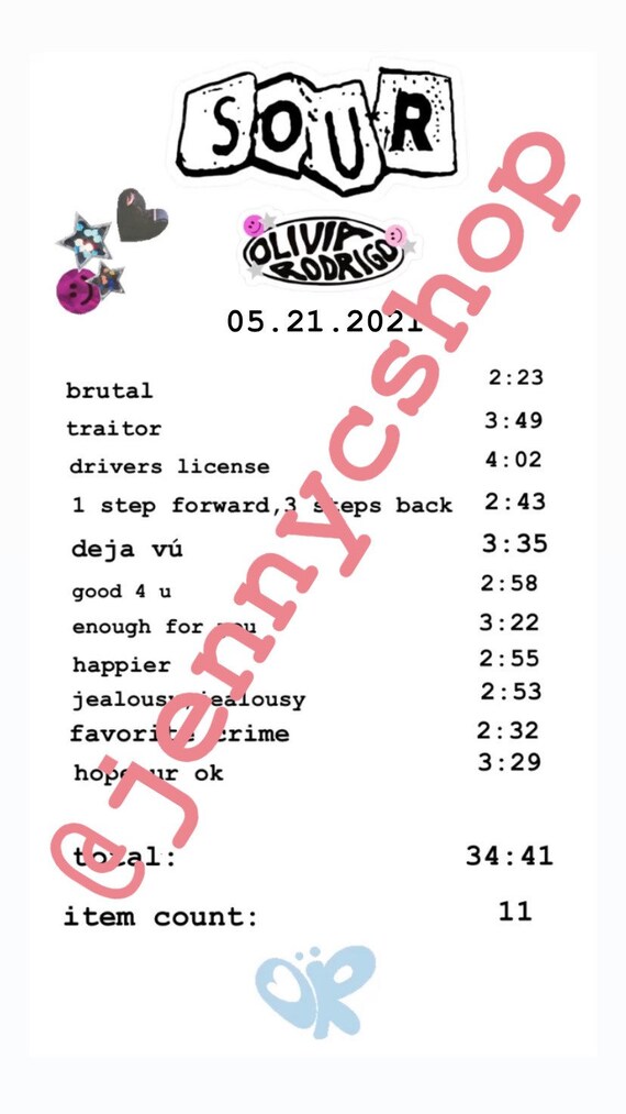 Olivia Rodrigo SOUR Album Receipt Track List | Etsy