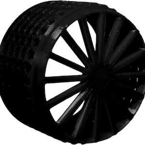 May include: A black, cylindrical object with a radial spoke design. One end features a honeycomb pattern, while the other has a central hub with radiating spokes. The object is made of a solid, dark material and appears to be 3D-printed.