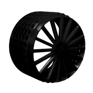 May include: A black, cylindrical object featuring a radial spoke design on one end and a honeycomb pattern on the side. The object is made of a matte material, possibly 3D-printed. The design suggests a mechanical or industrial theme.