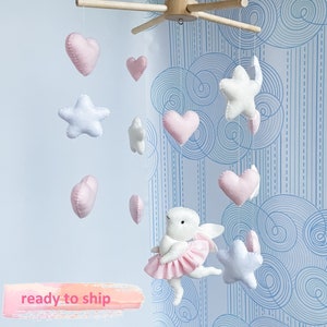 Little bunny in pink, white and cream colors mobile. Baby mobile. Nursery decor