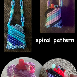 May include: A selection of beaded bottle holders in different colours and patterns. One holder is blue and white, another has a spiral pattern of pink, blue, and black beads. The text "spiral pattern" is also visible.