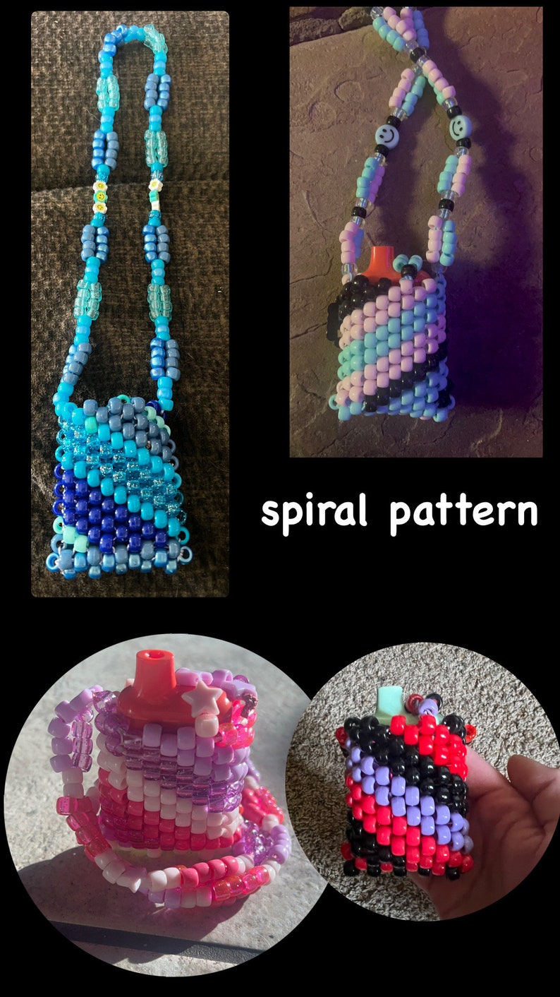 May include: A selection of beaded bottle holders in different colours and patterns. One holder is blue and white, another has a spiral pattern of pink, blue, and black beads. The text "spiral pattern" is also visible.