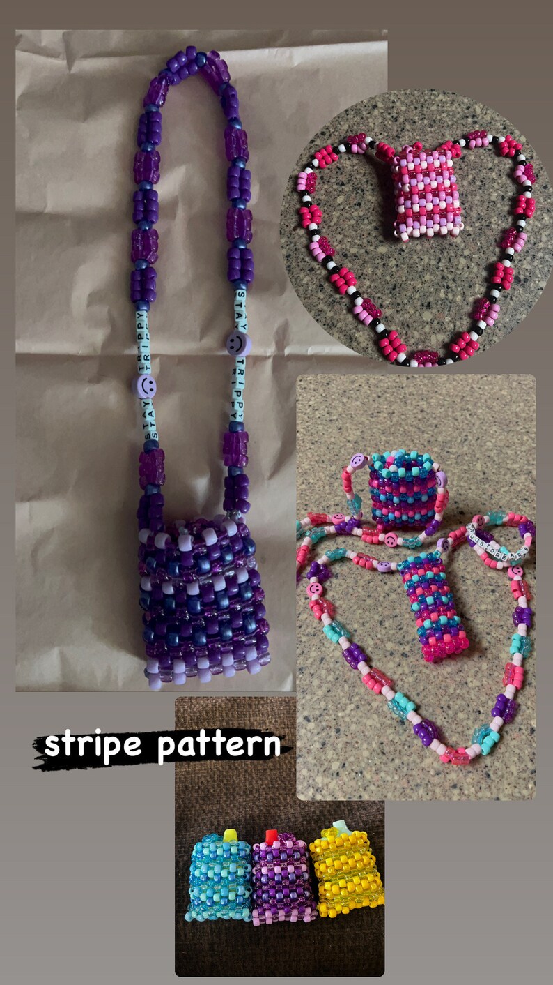 May include: A selection of handmade beaded accessories, including a small purple and blue beaded purse with a matching strap, and several necklaces and bracelets. The accessories feature smiley face beads and the words "STAY TRIPPY". The image also shows three small beaded containers.