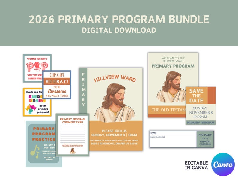K&ouml;nnte beinhalten: Ein digitales Bundle f&uuml;r das Primary Program 2026, das druckbare Elemente wie Einladungen und Poster enth&auml;lt. Die Designs umfassen Illustrationen und Text, mit einer Farbpalette aus Beige, Orange und Blau. Der Text enth&auml;lt die Worte "Primary Program".