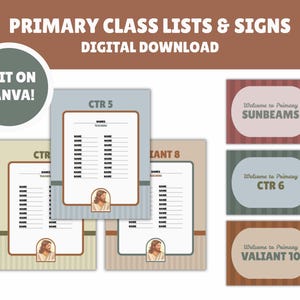 Puede incluir: Descarga digital de listas y letreros de clases de primaria. La imagen muestra varias listas de clase con espacios para nombres e información del maestro, junto con letreros de bienvenida para diferentes clases. También se incluye el texto "Edit on Canva!".