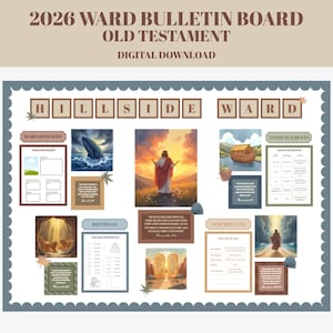 May include: A digital download bulletin board titled "2026 Ward Bulletin Board Old Testament." The design features various illustrations and text boxes, including images of a whale, a figure in red robes, and a boat. The board is framed with a decorative border.