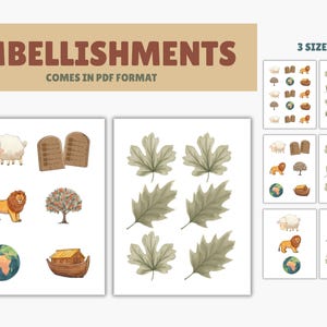 May include: Digital embellishments in PDF format. The image features illustrations of a sheep, lion, globe, ark, and leaves. The text "EMBELLISHMENTS" is displayed at the top, along with "3 SIZES!"