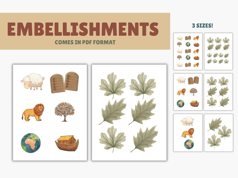 May include: Digital embellishments in PDF format. The image features illustrations of a sheep, lion, globe, ark, and leaves. The text "EMBELLISHMENTS" is displayed at the top, along with "3 SIZES!"