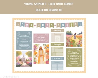 May include: A bulletin board kit for young women's groups with a floral theme. The kit includes a banner that says "Look Unto Christ", a calendar, a spotlight section, an activities section, and several inspirational quotes. The colors are pink, green, blue, and yellow.
