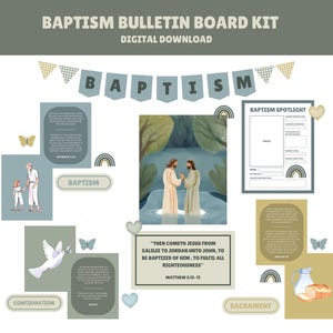 LDS Primary Baptism Bulletin Board Kit | Baptism Spotlight | Jesus Baptism | Artwork, Cute Church Decor, Posters, Printables, Banner & More!
