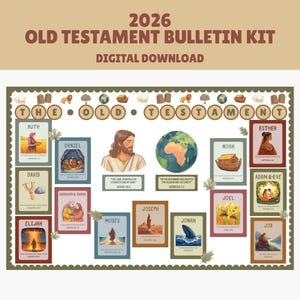 Puede incluir: Kit de boletín digital descargable de 2026 del Antiguo Testamento, con ilustraciones de figuras e historias bíblicas. Incluye imágenes de "Ruth", "David" y "Daniel", ideal para uso educativo.