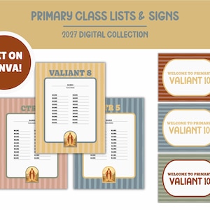May include: A digital collection of primary class lists and signs for 2027, featuring striped backgrounds in muted tones. The templates include text fields for names and teachers, with a circular badge stating EDIT ON CANVA and religious imagery.