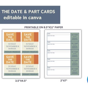 K&ouml;nnte beinhalten: Druckbare Save-the-Date- und Teilkarten, bearbeitbar in Canva. Das Design zeigt vier "Save the Date"-Karten mit Datum und Uhrzeit sowie eine Karte mit Feldern f&uuml;r Namen und Rollen. Die Karten sind 8,9 cm x 11,4 cm und 5,1 cm x 17,8 cm gro&szlig;.