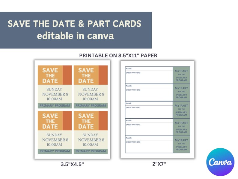 K&ouml;nnte beinhalten: Druckbare Save-the-Date- und Teilkarten, bearbeitbar in Canva. Das Design zeigt vier "Save the Date"-Karten mit Datum und Uhrzeit sowie eine Karte mit Feldern f&uuml;r Namen und Rollen. Die Karten sind 8,9 cm x 11,4 cm und 5,1 cm x 17,8 cm gro&szlig;.