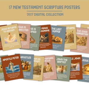 May include: A collection of 17 New Testament scripture posters from the 2027 digital collection. Each rectangular poster features a unique religious illustration, a bold title, and a specific Bible verse printed in white text on a coloured background.