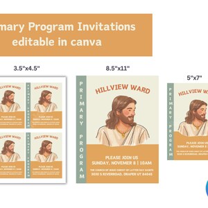 Puede incluir: Invitaciones para el programa de primaria, con ilustraciones de Jes&uacute;s. Disponibles en tama&ntilde;os de 8,9cm x 11,4cm, 21,6cm x 27,9cm y 12,7cm x 17,8cm. El texto incluye "Hillview Ward" y "Please Join Us Sunday, November 8 | 10AM".