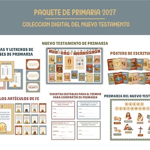May include: A digital collection of New Testament teaching materials for primary education, including class lists, scripture posters, Articles of Faith cards, editable sharing time cards, and a New Testament visual board with illustrations and text.