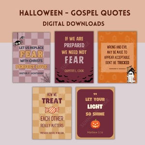 以下が含まれることがあります： 福音からのインスピレーションを与える引用文が書かれた、ハロウィーンをテーマにした印刷可能なカード5枚。カードはオレンジ、パープル、ブラウンなど、さまざまな色を使用しています。引用文には、「恐怖をキリストの完全な愛に置き換えよう」「備えがあれば、恐れる必要はない」「間違ったことや邪悪なことは、受け入れられるように見えるように作られることがある。だまされないように」「互いにどのように接するか、それは本当に重要だ」「あなたの光を輝かせなさい」などがあります。