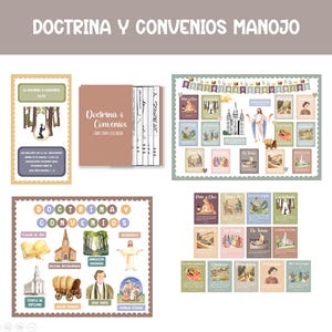 May include: A set of colorful printable posters featuring illustrations and text related to the book of Doctrine and Covenants. The posters include images of a temple, a forest, a man praying, and a group of people gathered together. The text on the posters is in Spanish and English.