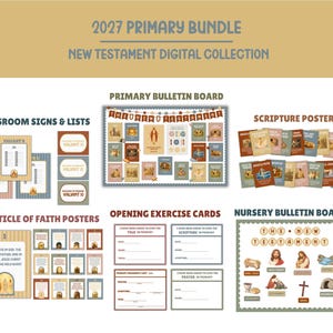 Könnte beinhalten: Eine digitale 2027 Primary Bundle New Testament Sammlung mit Klassenzimmerschildern, Listen, einer Pinnwand, Schriftstellenpostern, Glaubensartikelpostern, Übungskarten und einer Pinnwand für das Kinderzimmer mit verschiedenen Illustrationen.