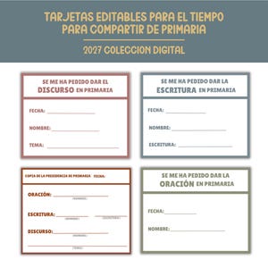 Può includere: Una collezione digitale di quattro schede modificabili per la scuola primaria, con il testo TARJETAS EDITABLES PARA EL TIEMPO PARA COMPARTIR DE PRIMARIA 2027 COLECCION DIGITAL. Ogni scheda include campi per data, nome e argomenti specifici.