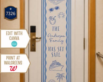 Banner para puerta de crucero familiar costero, letrero de vacaciones retro, plantilla editable de Canva (descarga digital)