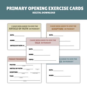 May include: Exercise cards for Primary opening exercises. The cards include prompts for giving the Article of Faith, Scripture, and Talk in Primary. Each card has space for the date and name.