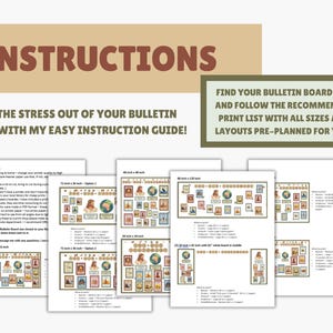 May include: An instructional guide with the word "INSTRUCTIONS" at the top. The text reads "TAKE THE STRESS OUT OF YOUR BULLETIN BOARD WITH MY EASY INSTRUCTION GUIDE!" and "FIND YOUR BULLETIN BOARD SIZE AND FOLLOW THE RECOMMENDED PRINT LIST WITH ALL SIZES AND LAYOUTS PRE-PLANNED FOR YOU!"
