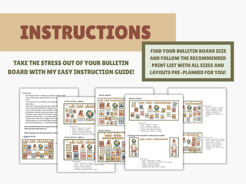 May include: An instructional guide with the word "INSTRUCTIONS" at the top. The text reads "TAKE THE STRESS OUT OF YOUR BULLETIN BOARD WITH MY EASY INSTRUCTION GUIDE!" and "FIND YOUR BULLETIN BOARD SIZE AND FOLLOW THE RECOMMENDED PRINT LIST WITH ALL SIZES AND LAYOUTS PRE-PLANNED FOR YOU!"