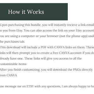 K&ouml;nnte beinhalten: Wei&szlig;er Hintergrund mit dem Text "How it Works" in einem dunkelgr&uuml;nen Banner. Der Text erkl&auml;rt die Schritte f&uuml;r einen digitalen Produktkauf, einschlie&szlig;lich des Zugriffs auf einen Link von Etsy, des Herunterladens einer PDF-Datei mit Canva-Links und der Anpassung von Artikeln.