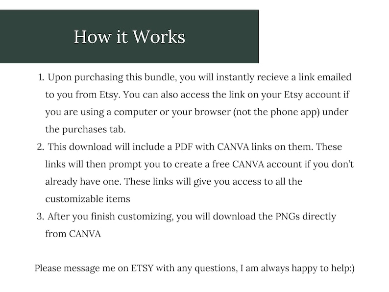 K&ouml;nnte beinhalten: Wei&szlig;er Hintergrund mit dem Text "How it Works" in einem dunkelgr&uuml;nen Banner. Der Text erkl&auml;rt die Schritte f&uuml;r einen digitalen Produktkauf, einschlie&szlig;lich des Zugriffs auf einen Link von Etsy, des Herunterladens einer PDF-Datei mit Canva-Links und der Anpassung von Artikeln.
