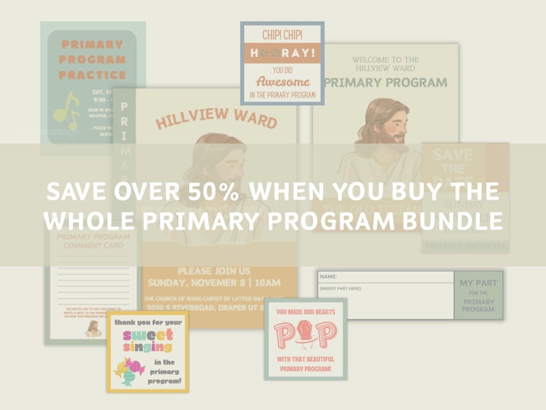 Puede incluir: Una colecci&oacute;n de materiales del Programa Primario, que incluye tarjetas y letreros. Los letreros presentan textos como "Primary Program Practice", "Hillview Ward" y "You Made Our Hearts Pop". La paleta de colores incluye tonos pastel de verde, amarillo y naranja.