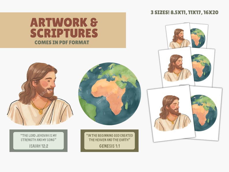 May include: Artwork and Scriptures printables in PDF format. The image features illustrations of Jesus, a globe, and Bible verses. Available in 8.5x11, 11x17, and 16x20 inch sizes.
