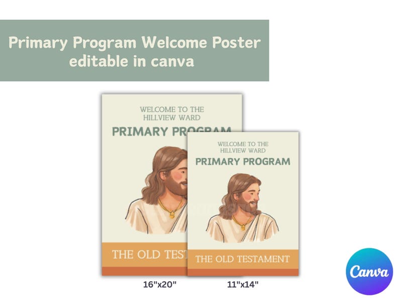 K&ouml;nnte beinhalten: Zwei Poster mit dem Text "Primary Program" und "The Old Testament". Die Poster zeigen eine Illustration eines Mannes mit langen braunen Haaren und Bart. Das gr&ouml;&szlig;ere Poster ist 40,6 cm x 50,8 cm gro&szlig;, das kleinere 27,9 cm x 35,6 cm.