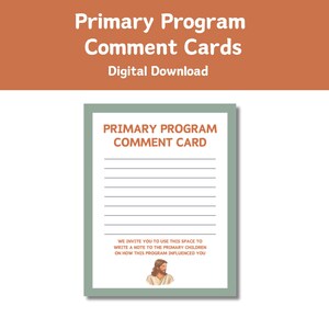Può includere: Download digitale di schede di commento del programma principale. La scheda ha un bordo verde e presenta il testo "PRIMARY PROGRAM COMMENT CARD" in alto, con spazi a righe per scrivere e un'immagine di Gesù in basso.