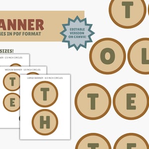May include: A banner design with the word "BANNER" in brown letters. The banner comes in PDF format and offers three sizes: 2.5-inch, 3.5-inch, and 4.5-inch circles. An editable version is available on Canva.
