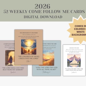 Puede incluir: Descarga digital de 52 tarjetas semanales "Ven, sígueme" para 2026. Las tarjetas presentan ilustraciones en acuarela y texto de las Escrituras. Las tarjetas vienen en fondos de colores y blancos.
