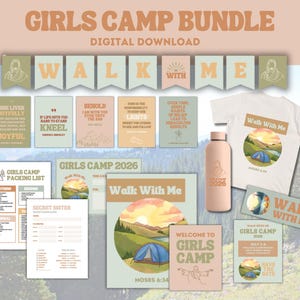 Può includere: Un pacchetto di download digitale per Girls Camp, con una maglietta bianca con un design paesaggistico e la scritta "Walk With Me". Include biglietti stampabili, una bottiglia d'acqua e una lista di imballaggio. Il tema è incentrato sulla fede e sulle attività all'aperto.
