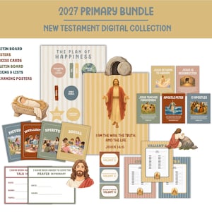 Könnte beinhalten: Ein 2027 Primary Bundle New Testament digitales Set mit verschiedenen Lernpostern, Schriftkarten und Klassenzimmerschildern. Das Set enthält Illustrationen von Jesus, eine Krippenszene und textbasierte Lernmaterialien in gedeckten Farben.