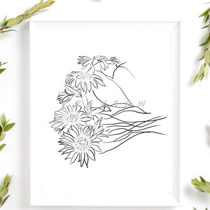 May include: Line art drawing of a bouquet of flowers with long stems. The flowers are stylized and resemble sunflowers.