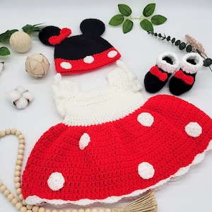 Ręcznie robiony strój Myszki Minnie – szydełkowa sukienka dla małej dziewczynki, kostium Disneya dla malucha, strój urodzinowy i do sesji zdjęciowej