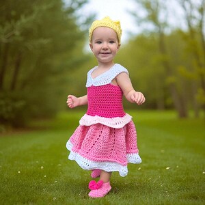 Sleeping Beauty Crochet Princess Costume Dress – Aurora Inspired Handmade Baby & Toddler Outfit – Fairytale Birthday, Halloween, Dress Up