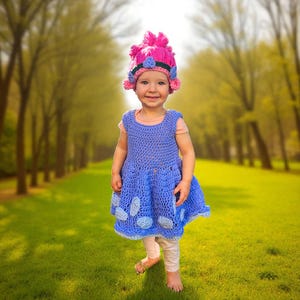 Handmade Princess Poppy Troll Outfit Set – Crochet Baby Dress, Headband & Hat – Perfect for Halloween, Birthday Photoshoots  – Newborn to 7T