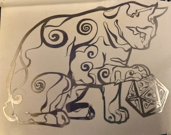 Calcomanía de gato y dados D20 para coches y portátiles