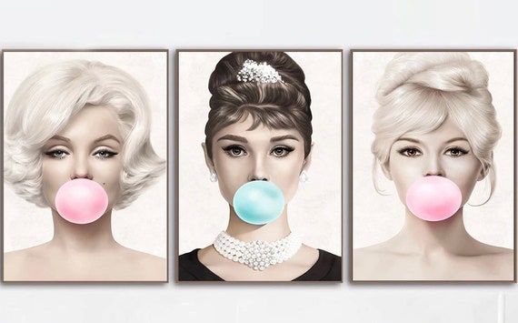 Audrey Hepburn Brigitte Bardot & Marilyn Monroe Bubble Gum Wall Art Canvas Fashion Posters Home decor Gift