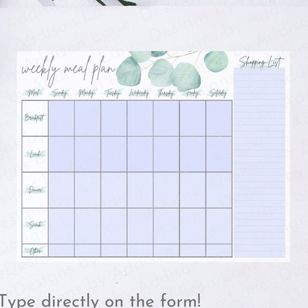 Fillable PDF Farmhouse Weekly Meal Planner Printable - Weekly Menu Planner PDF includes shopping list area - Weekly Menu PDF - Weekly Menu