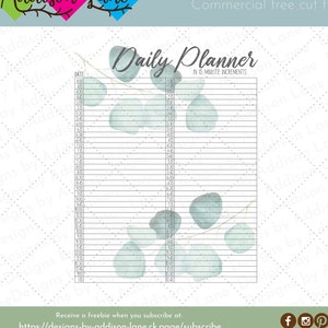 Pode incluir: Um planejador diário imprimível com um design de eucalipto aquarela. O planejador é dividido em incrementos de 15 minutos e inclui uma coluna para a data.