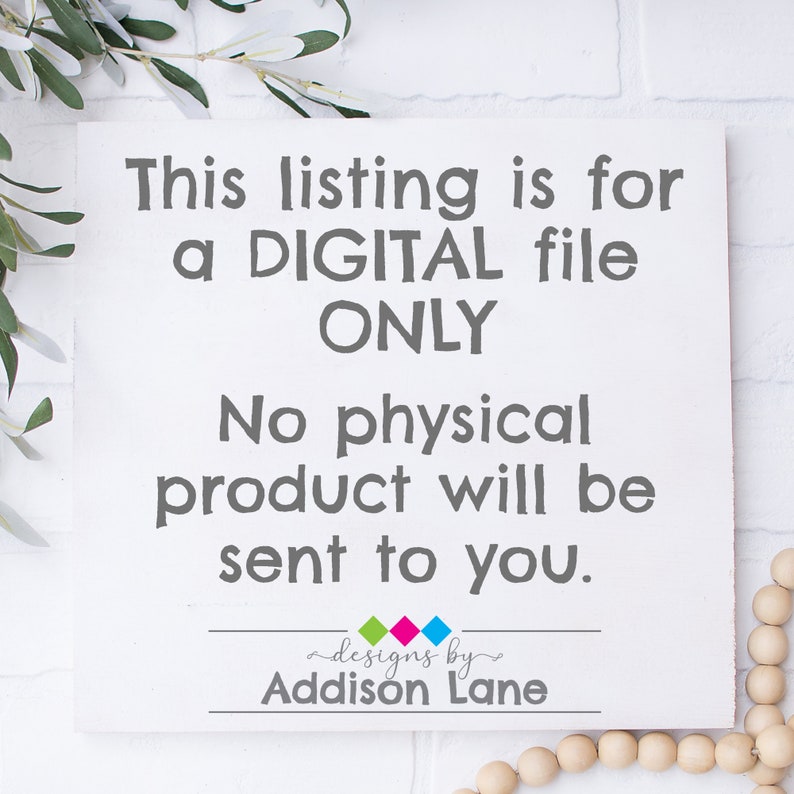 Puede incluir: Un cartel blanco con texto negro que dice "Esta lista es para un archivo DIGITAL SOLO. No se enviar&aacute; ning&uacute;n producto f&iacute;sico." El cartel tambi&eacute;n tiene el texto "designs by Addison Lane" en una fuente m&aacute;s peque&ntilde;a.